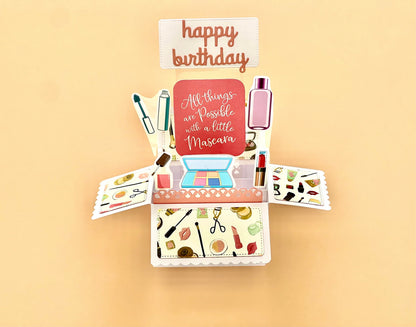 Box style pop-up card with makeup and cosmetics theme.