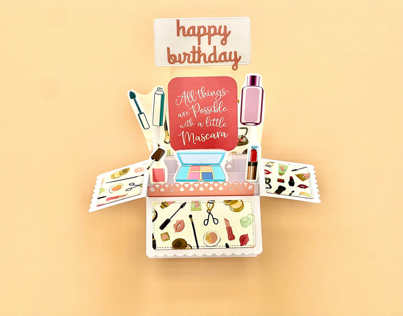 Box style pop-up card with makeup and cosmetics theme.