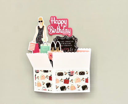 Decorative birthday card with a shopping bag and character on a beige background
