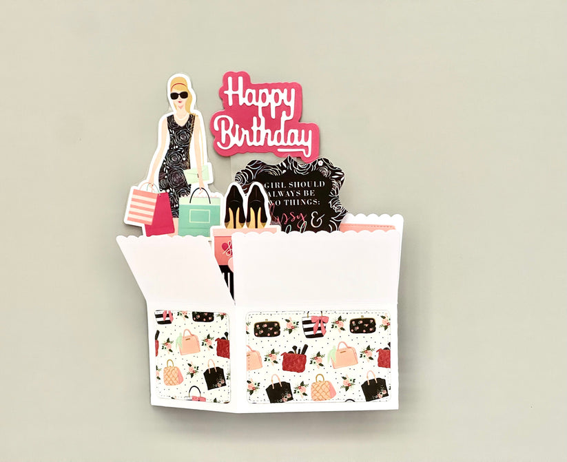Decorative birthday card with a shopping bag and character on a beige background