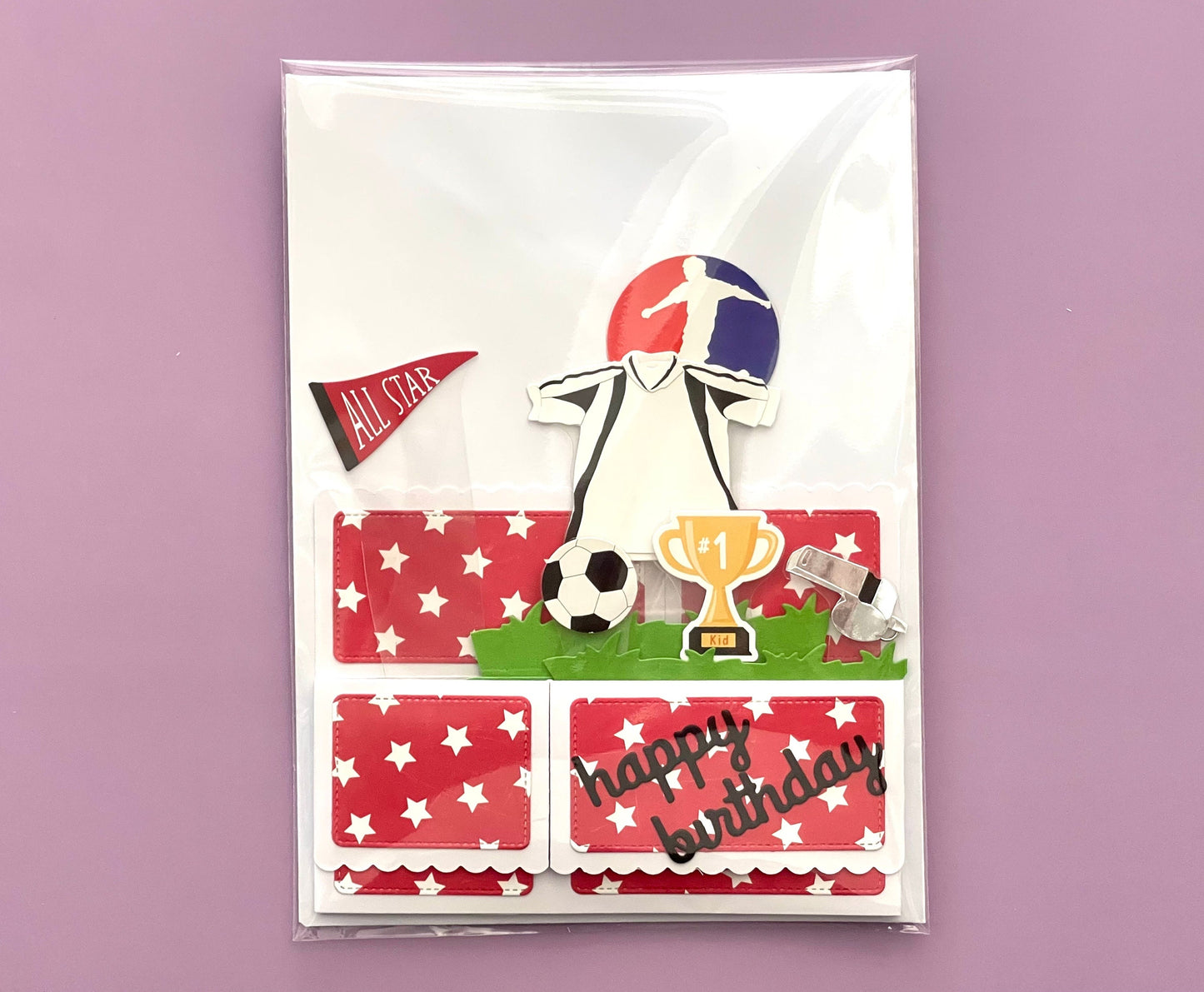 Soccer-themed birthday card with player, ball, and trophy on a purple background
