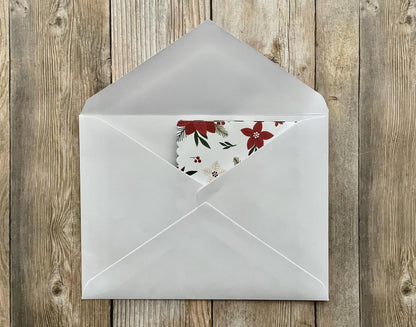 Open white envelope with floral card on a wooden surface