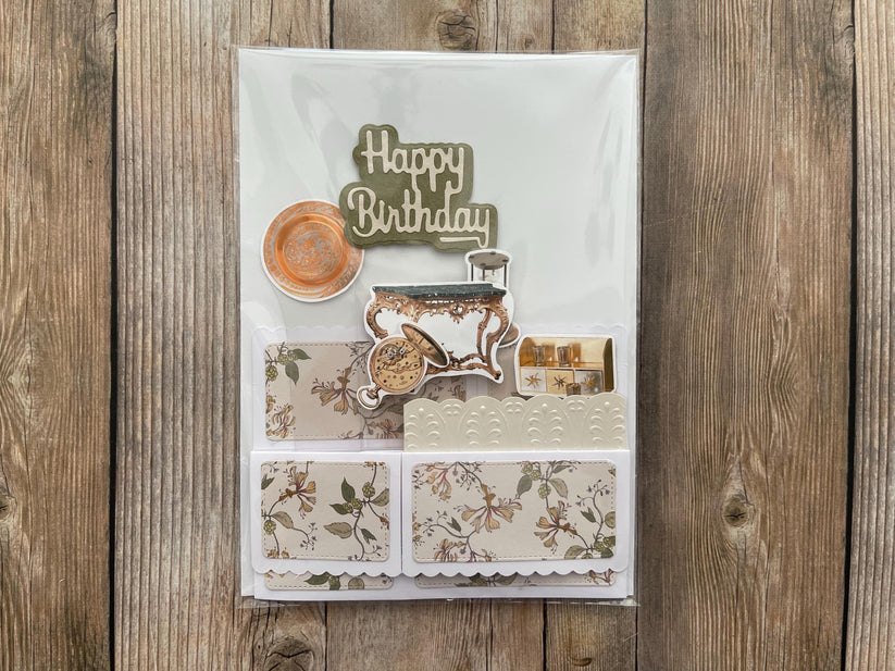 Decorative birthday card with floral patterns and 'Happy Birthday' text on a wooden background